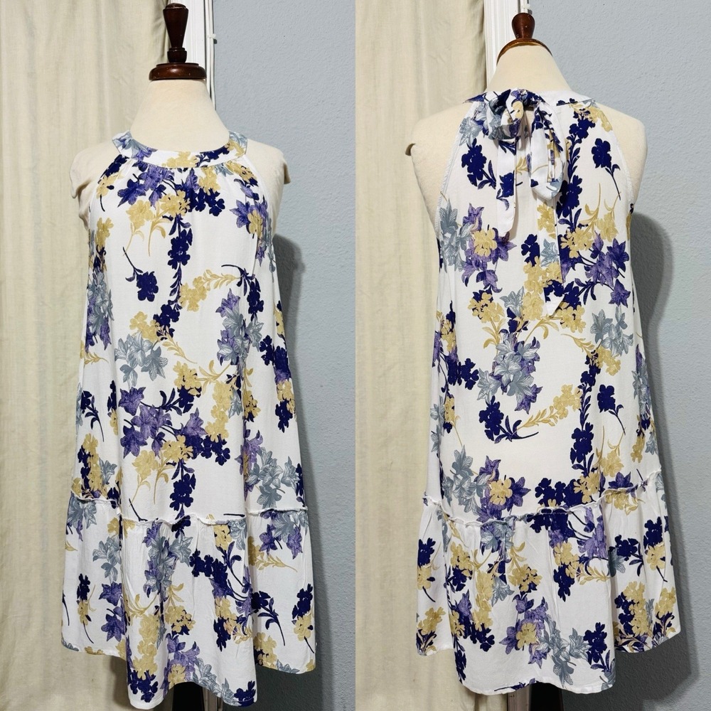 Vintage Millenium Women Halter Mini Sleeveless Sundress Purple Floral Back Tie L